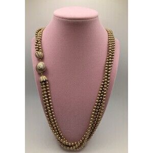 Vintage Gold Toned Four Strand Textured Beaded Necklace Mid Century Modern